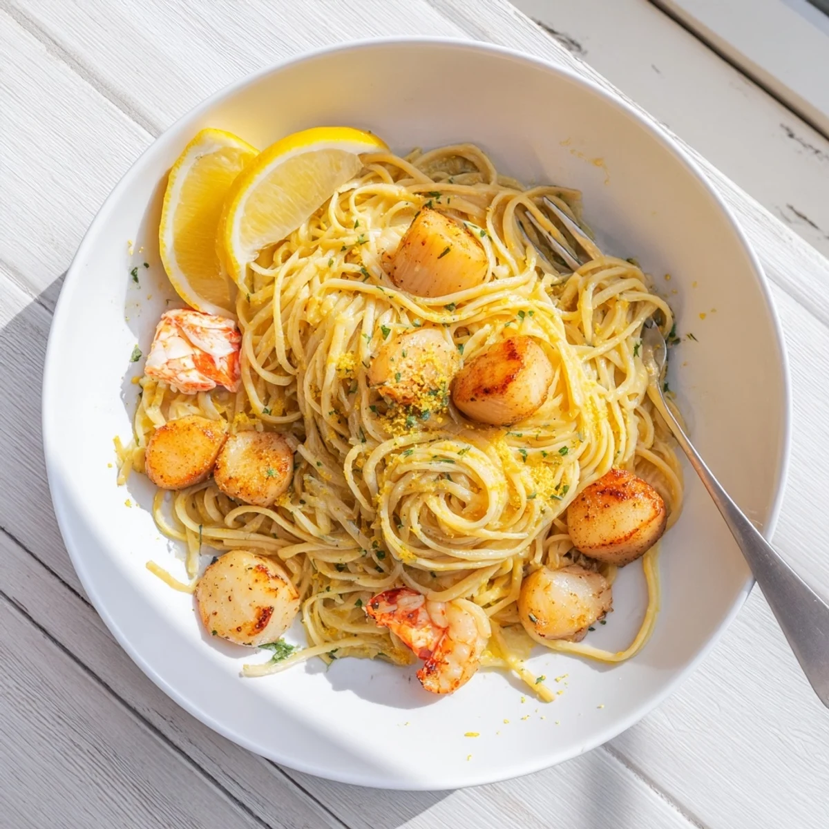Close-up of tender lobster and sweet scallops atop garlic butter linguine with bright herbs