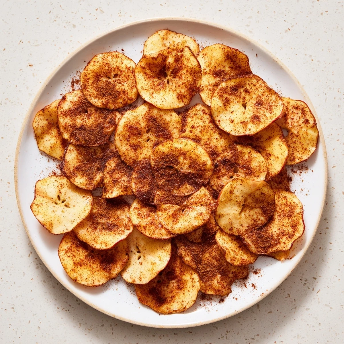 Golden crispy air fryer apple chips dusted with warm cinnamon on a white serving plate
