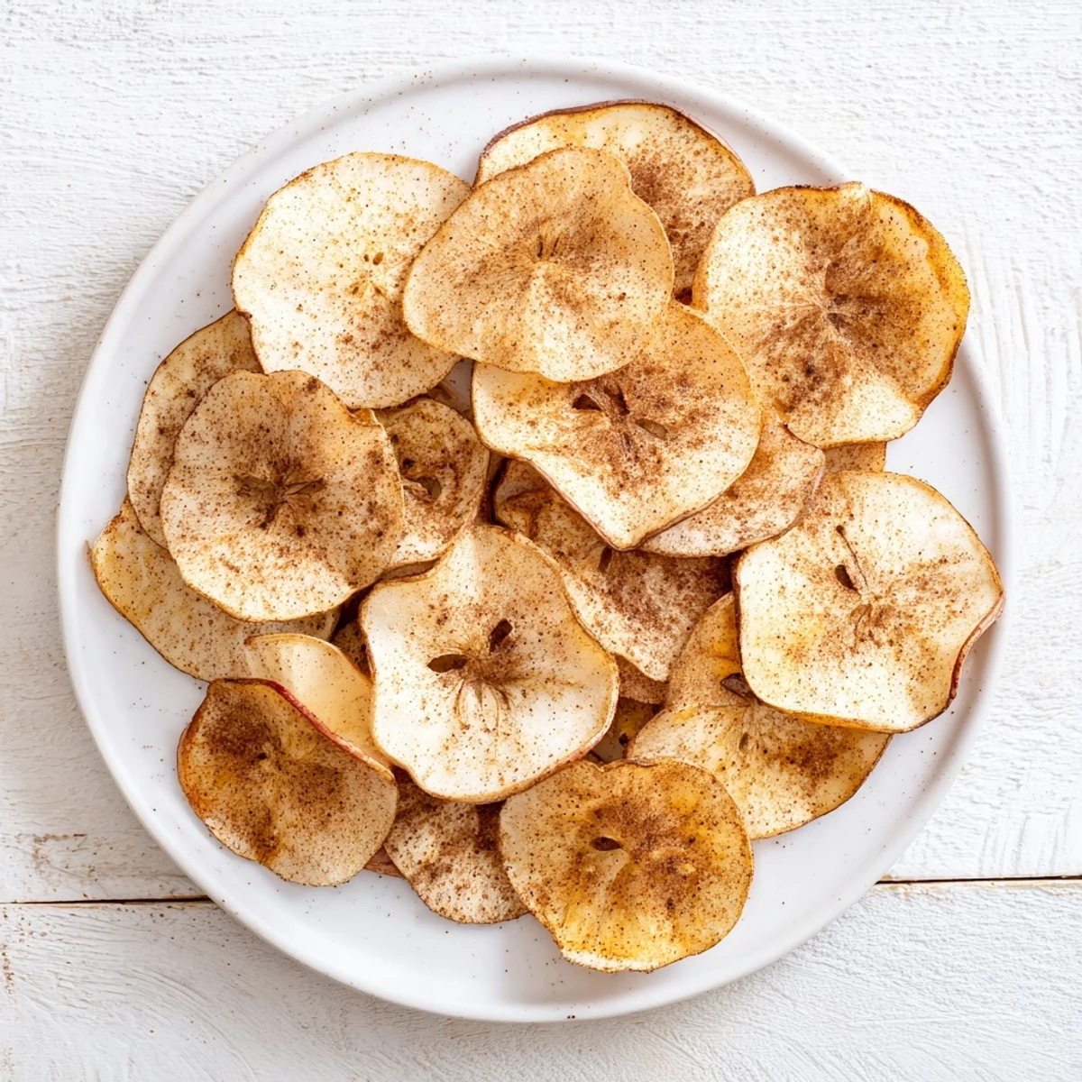 Naturally sweet cinnamon apple chips arranged neatly showing their light golden brown texture
