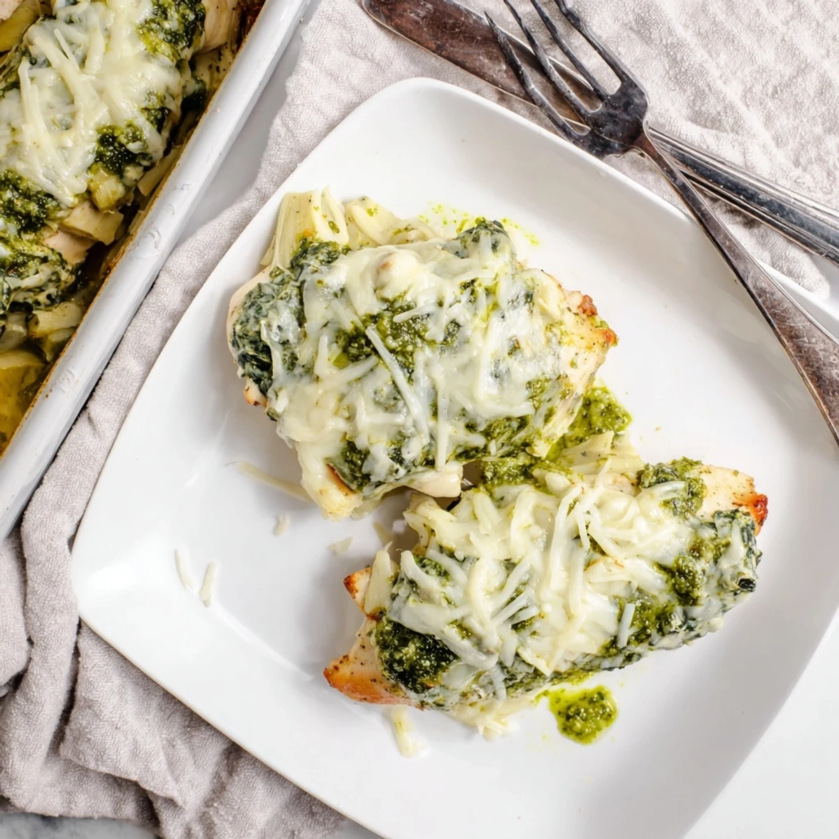 Golden bubbling pesto spinach artichoke chicken bake fresh from the oven with melted mozzarella