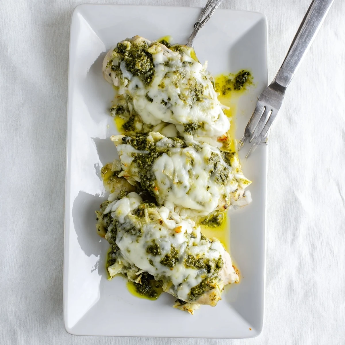 Creamy spinach artichoke chicken bake topped with vibrant green pesto and golden brown cheese
