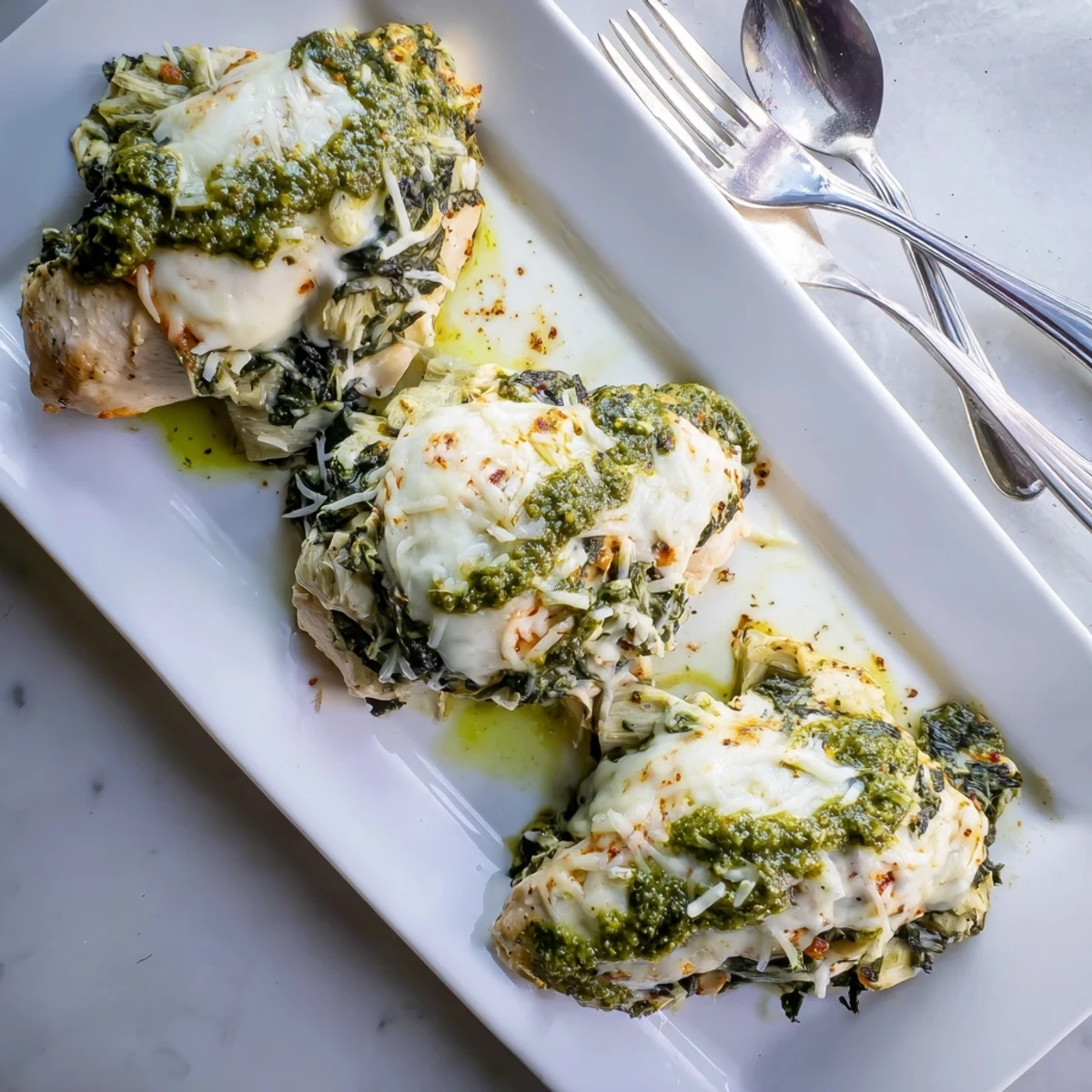 Baked chicken breasts layered with spinach artichoke dip and pesto under a cheesy golden crust