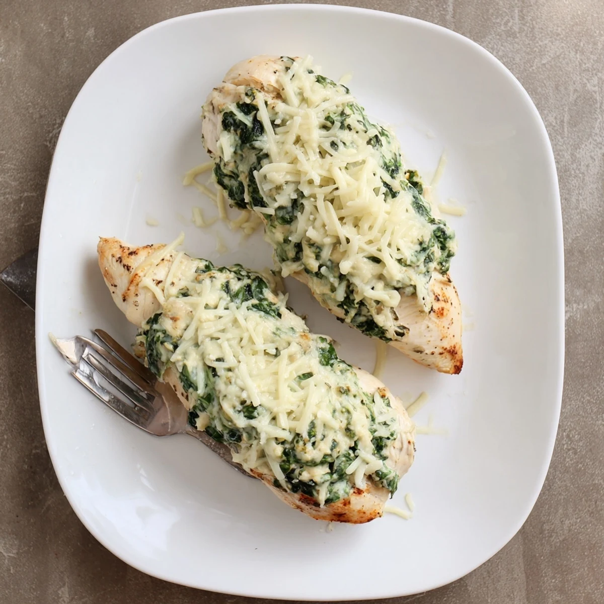 Golden baked spinach ricotta chicken breast topped with melted mozzarella cheese on a white plate
