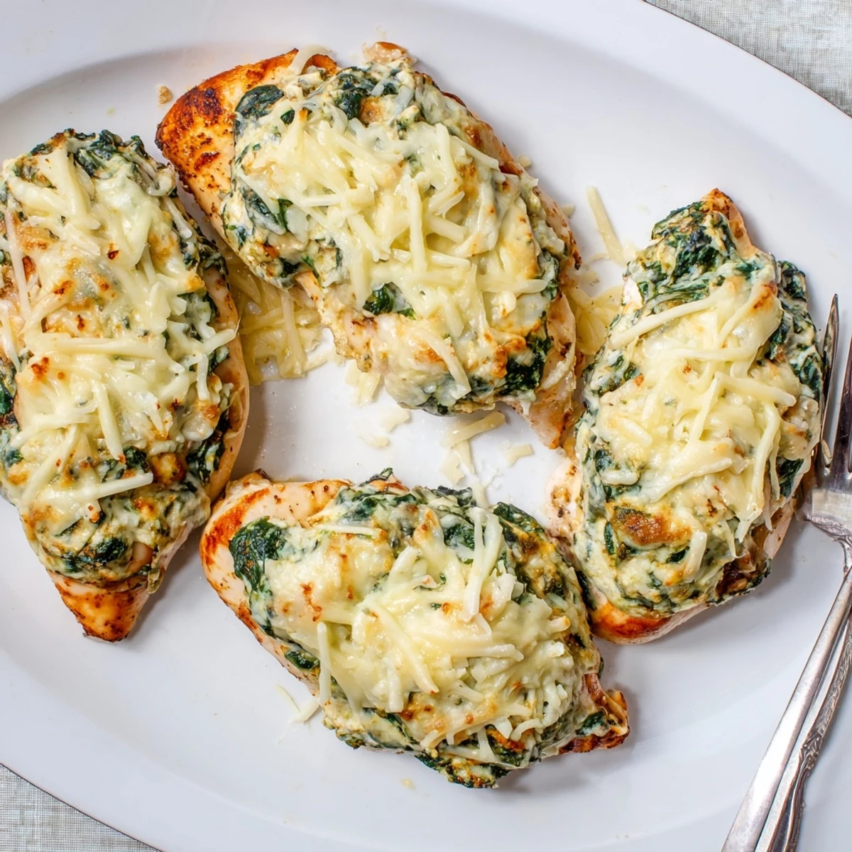 Juicy baked chicken breast stuffed with spinach ricotta mixture and golden cheese topping