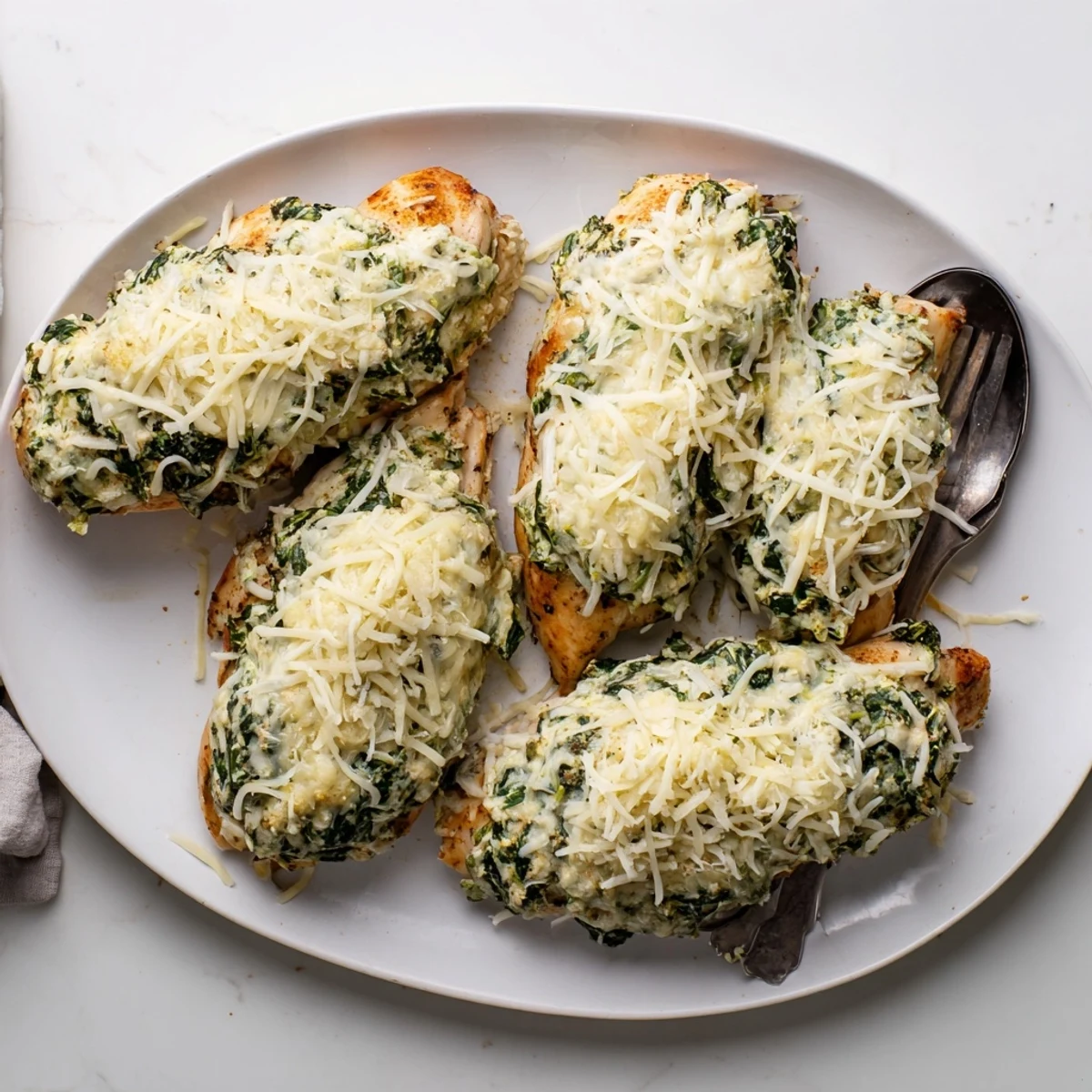Sliced stuffed chicken revealing creamy ricotta and spinach filling served with fresh herbs