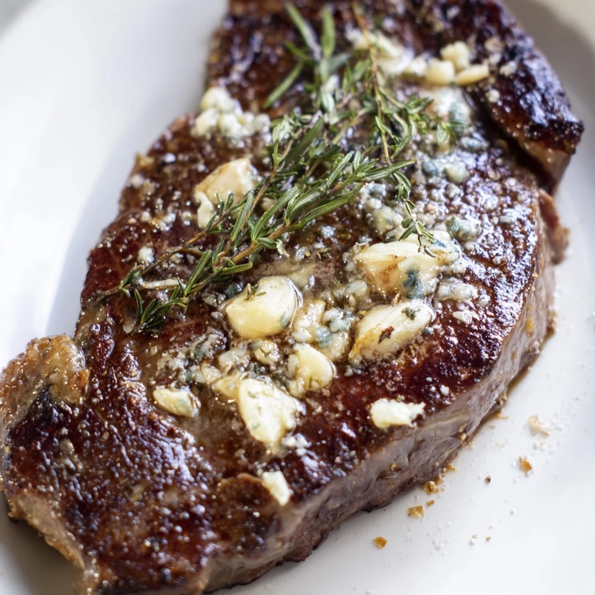 Golden seared garlic butter cast iron ribeye steak with melted herb butter drizzled over the crispy crust