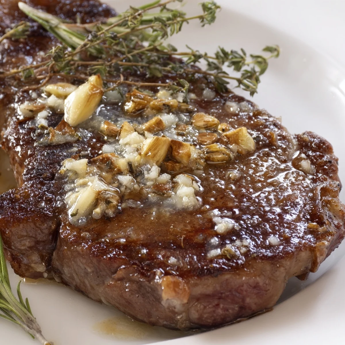 Juicy medium-rare cast iron ribeye steak finished with aromatic garlic butter and fresh herbs in a hot skillet