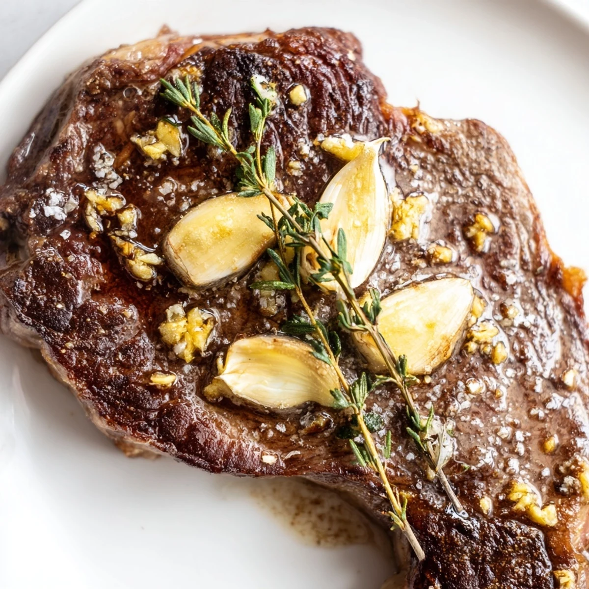 Perfectly cooked ribeye steak sizzling in cast iron skillet with golden garlic butter and rosemary sprigs