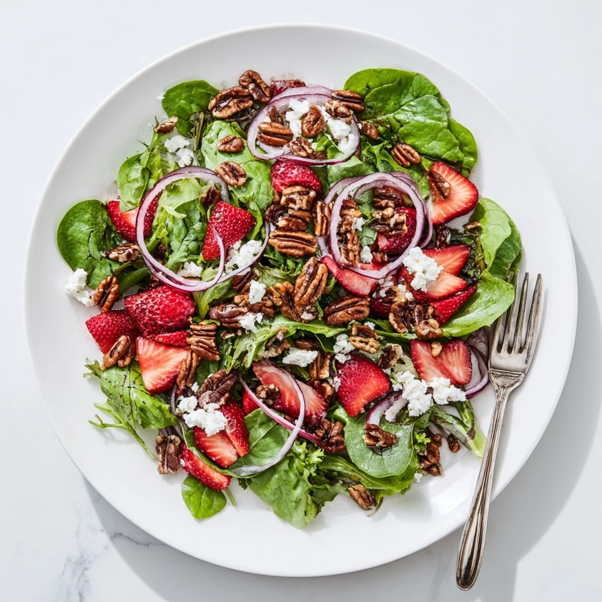 Fresh strawberry salad with mixed greens, goat cheese, and toasted pecans drizzled with balsamic dressing