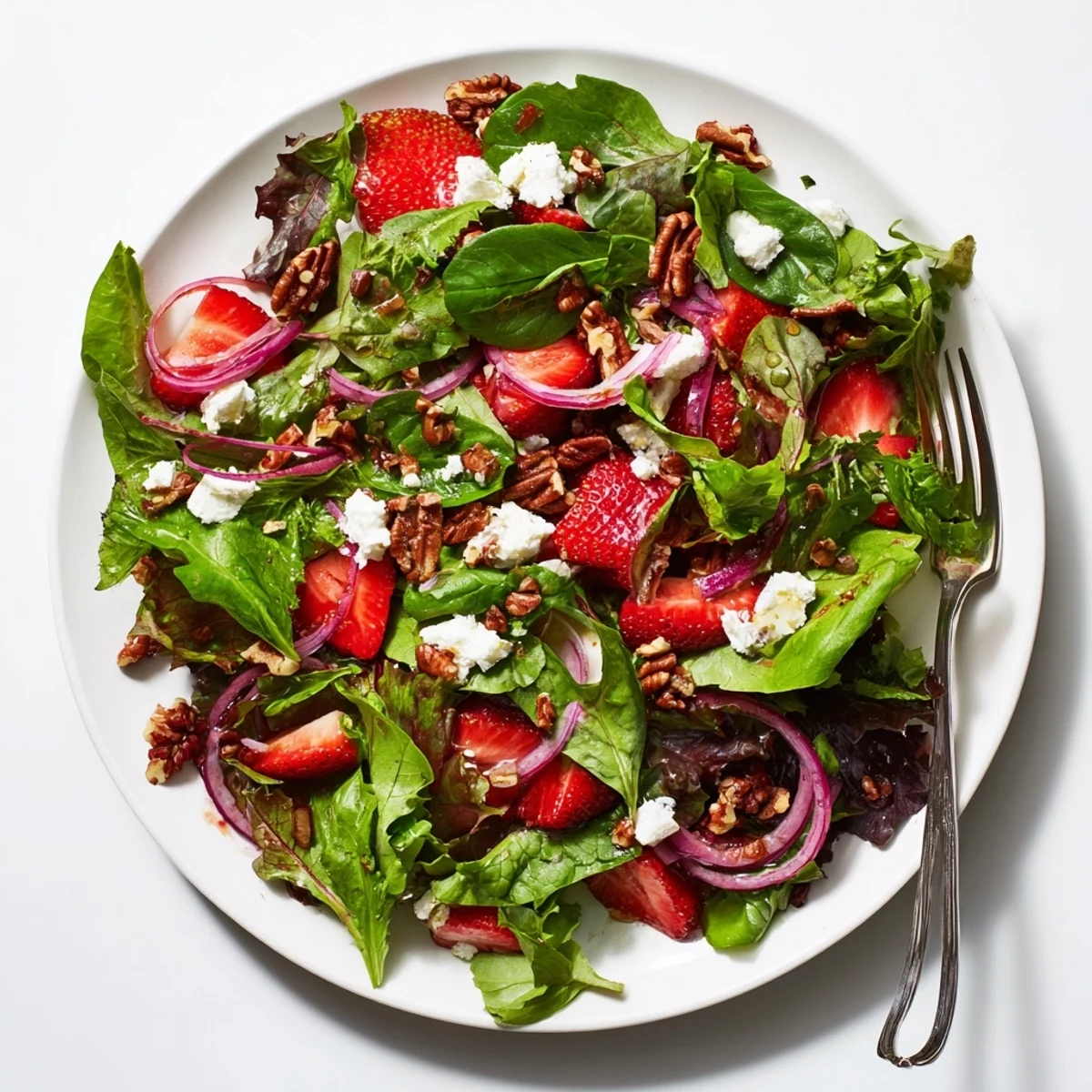 Vibrant Strawberry Fields Salad bowl featuring sweet berries, red onion, and creamy cheese atop crisp greens