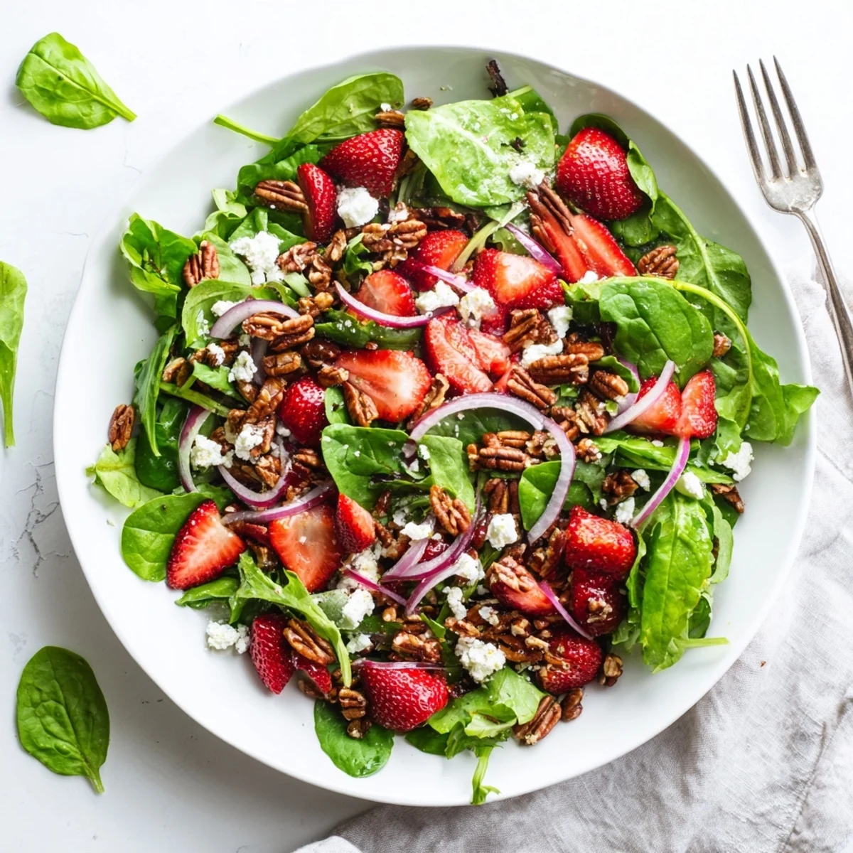 Colorful plate of Strawberry Fields Salad with honey balsamic dressing, crunchy nuts, and fresh basil leaves