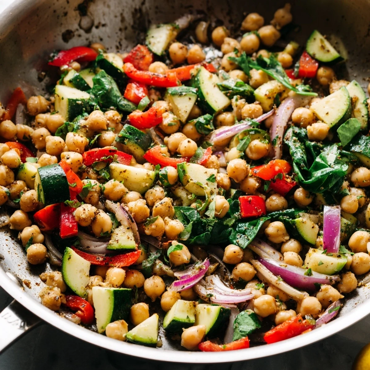Vibrant Mediterranean chickpea lemon skillet topped with fresh parsley and lemon wedges