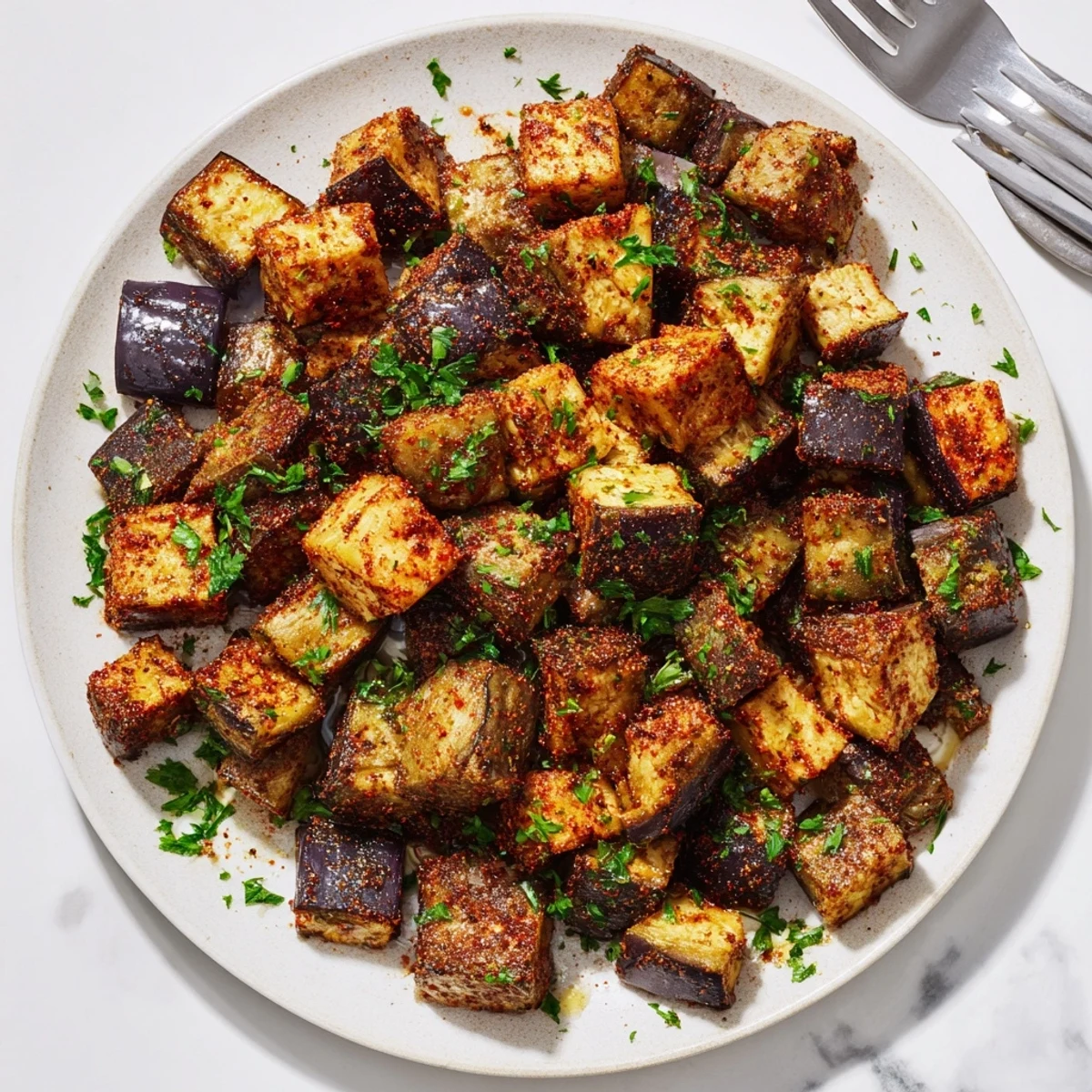 Crispy roasted eggplant pieces sprinkled with fresh parsley on white serving plate