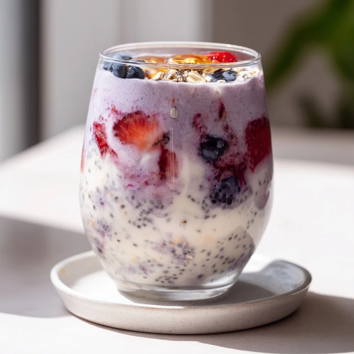 Thick protein-rich Greek yogurt breakfast smoothie topped with fresh strawberries and blueberries