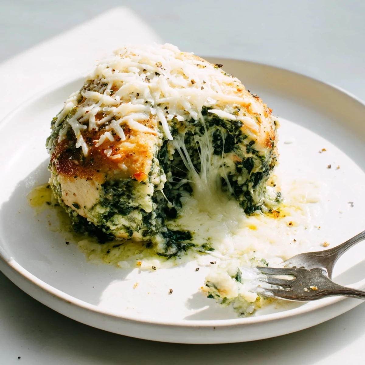 Golden baked ricotta chicken breasts stuffed with spinach and herbs on a white plate