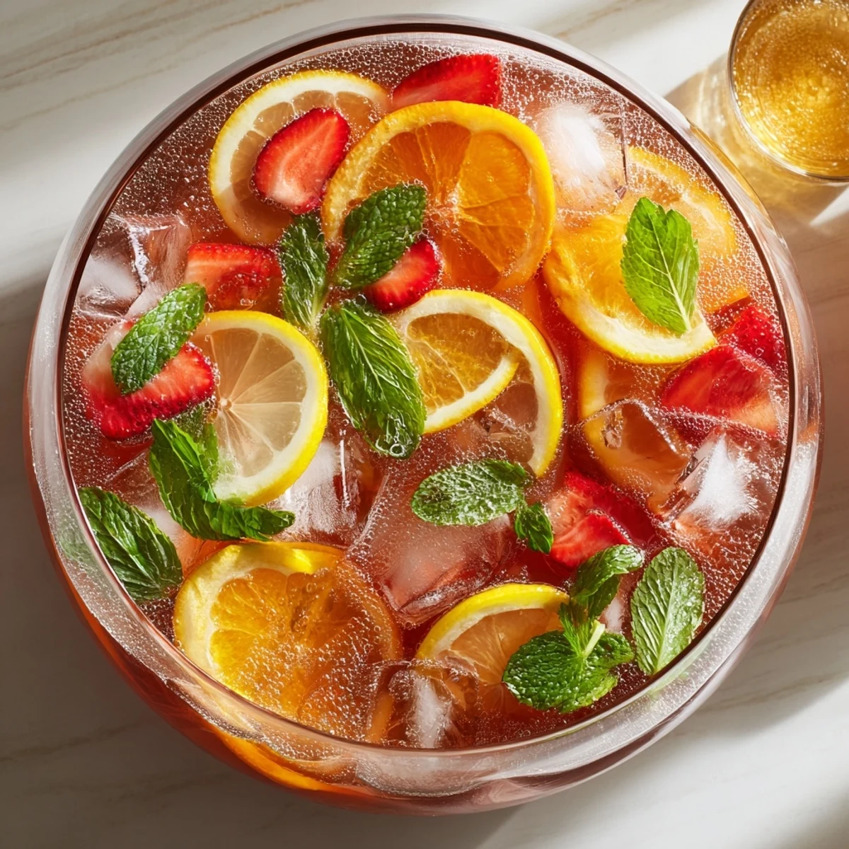 Colorful Easter punch bowl garnished with fresh orange slices, strawberries, and mint leaves