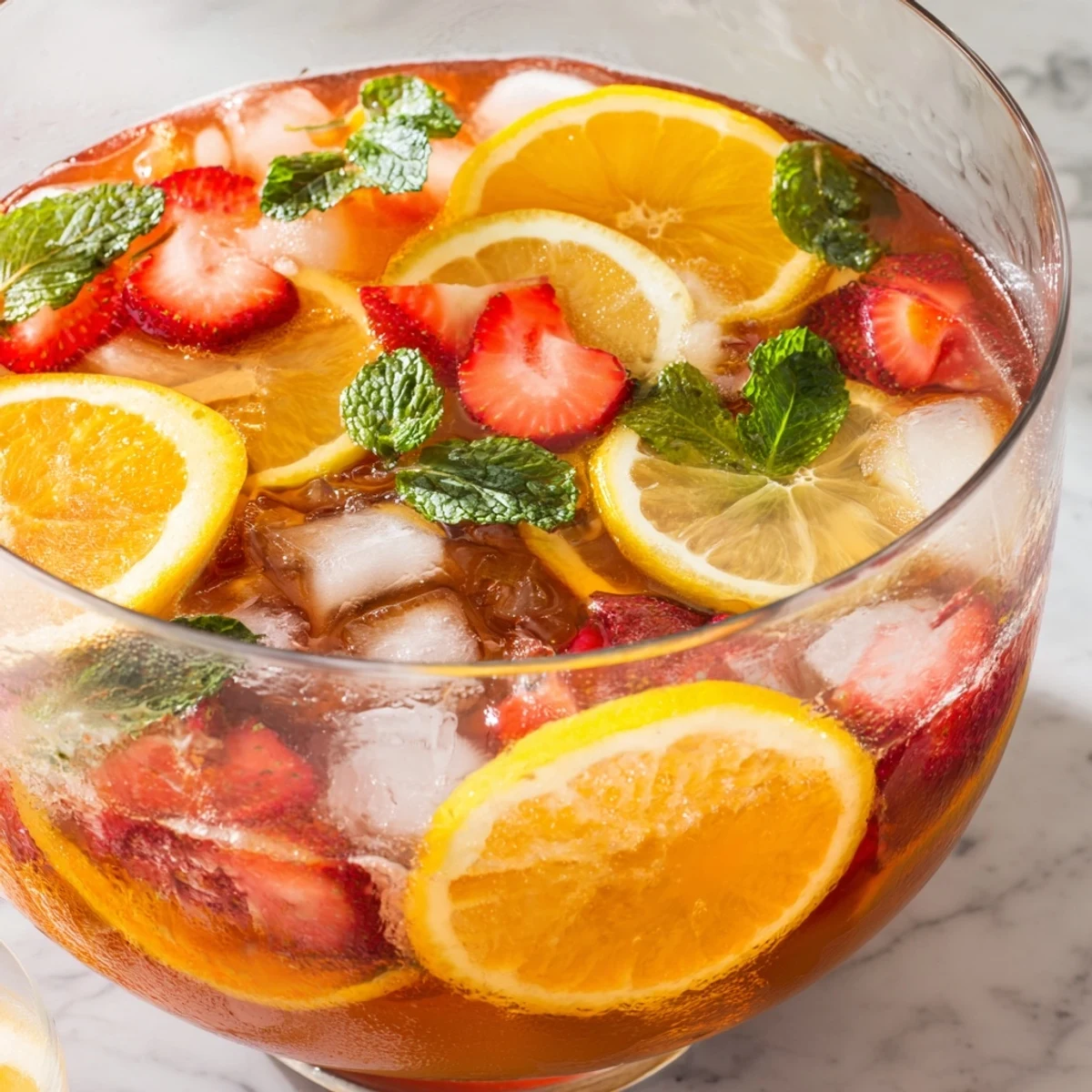 Refreshing non-alcoholic Easter punch served over ice with floating citrus fruit garnishes