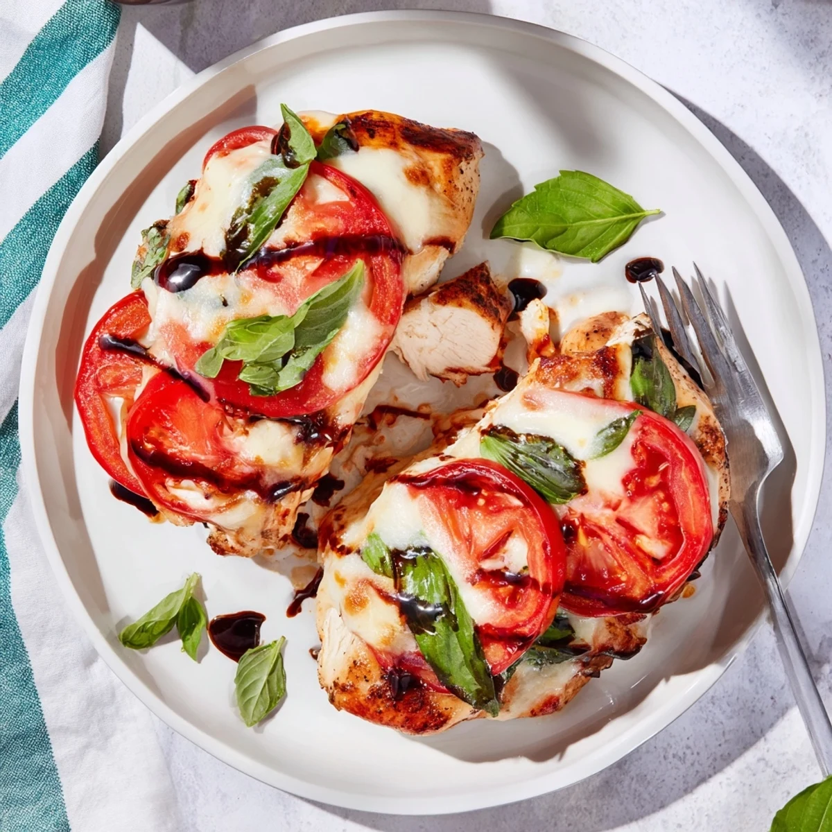 Golden balsamic baked chicken breast topped with melted mozzarella cheese and fresh basil