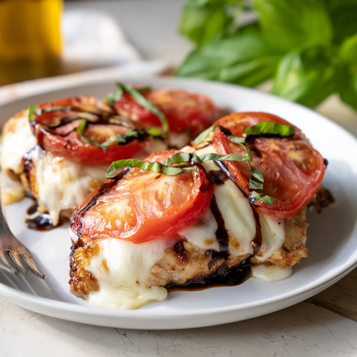 Juicy chicken breasts in rich balsamic glaze with bubbling mozzarella and tomato slices