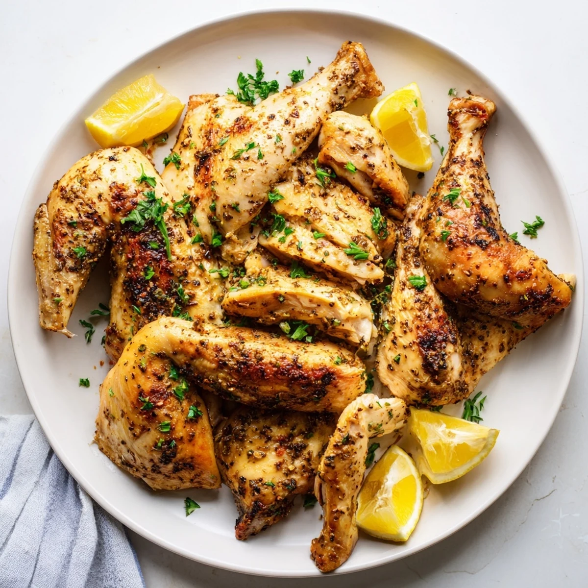Oven-roasted buttermilk chicken pieces with golden brown skin and fresh herb garnish