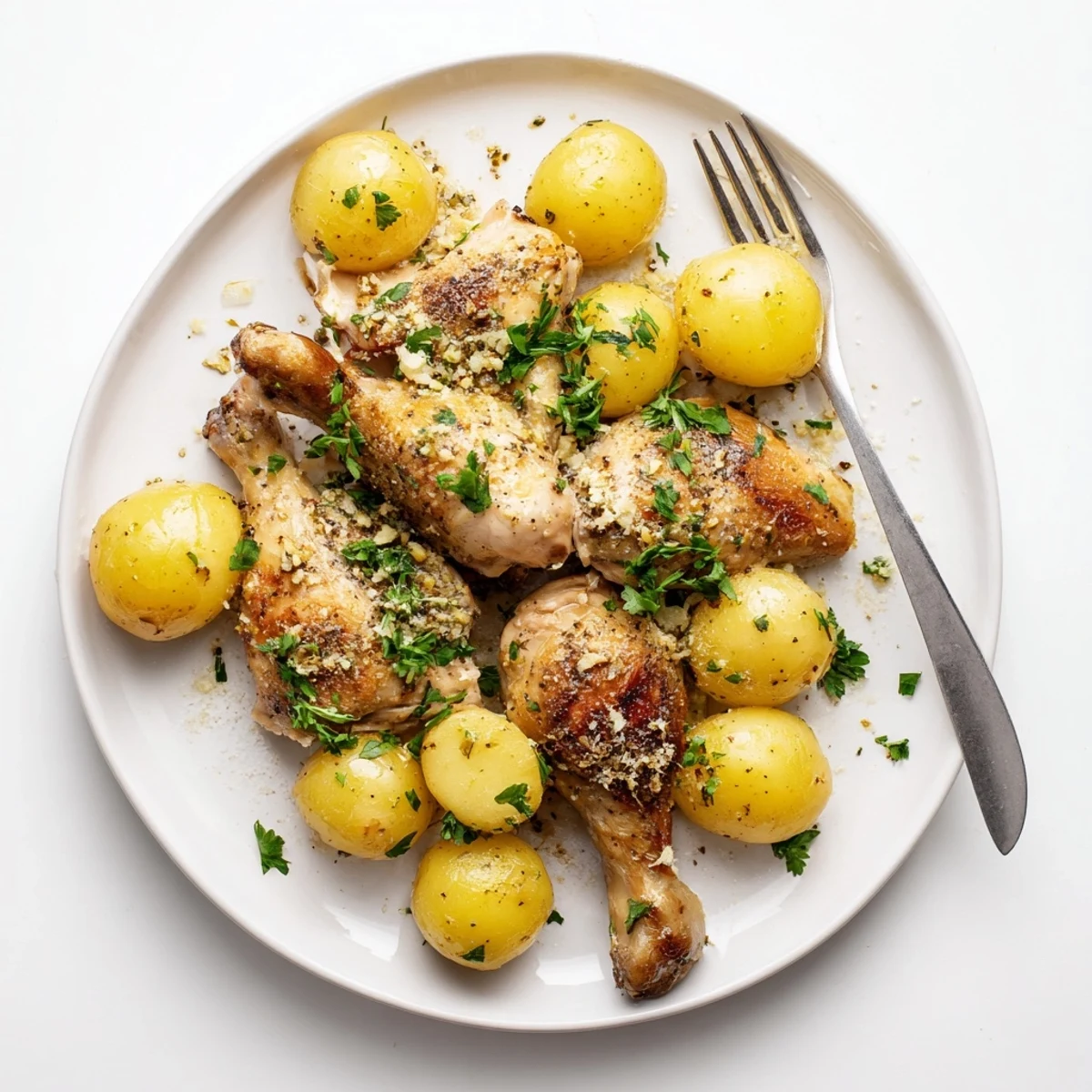 Golden baked Garlic Parmesan Chicken and Potatoes with crispy edges and melted cheese topping