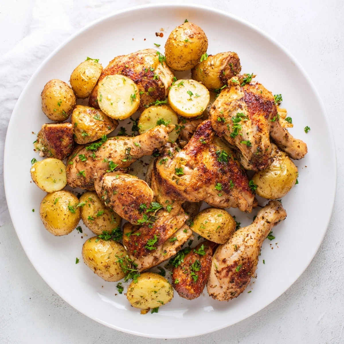Hearty sheet pan dinner featuring tender chicken and roasted potatoes in garlicky Parmesan coating