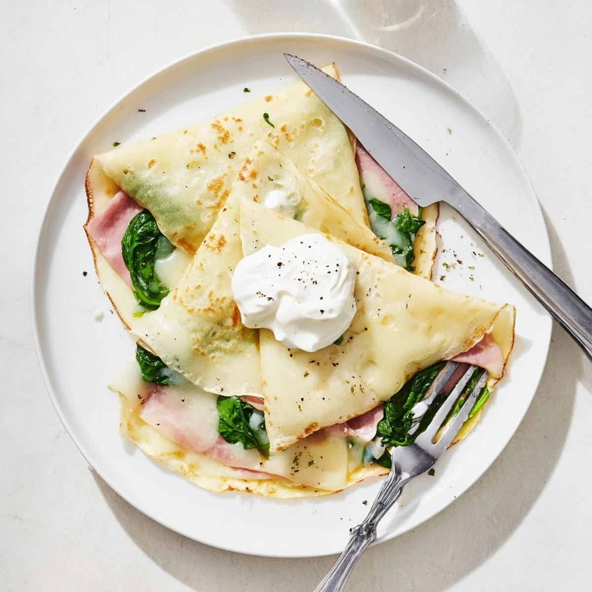 Golden savory crepes folded with melted Gruyère cheese, ham, and fresh spinach filling.