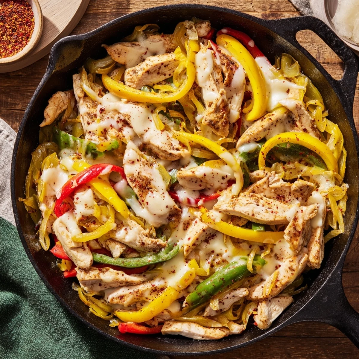 Golden chicken cheesesteak skillet bubbling with melted provolone over caramelized peppers and onions