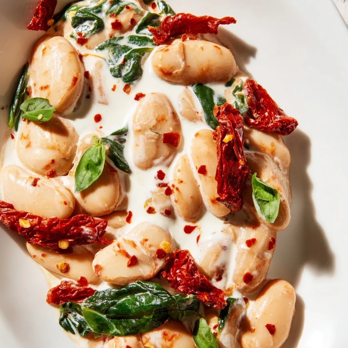 Golden skillet of butter beans simmered with tangy Greek yogurt and sun-dried tomatoes