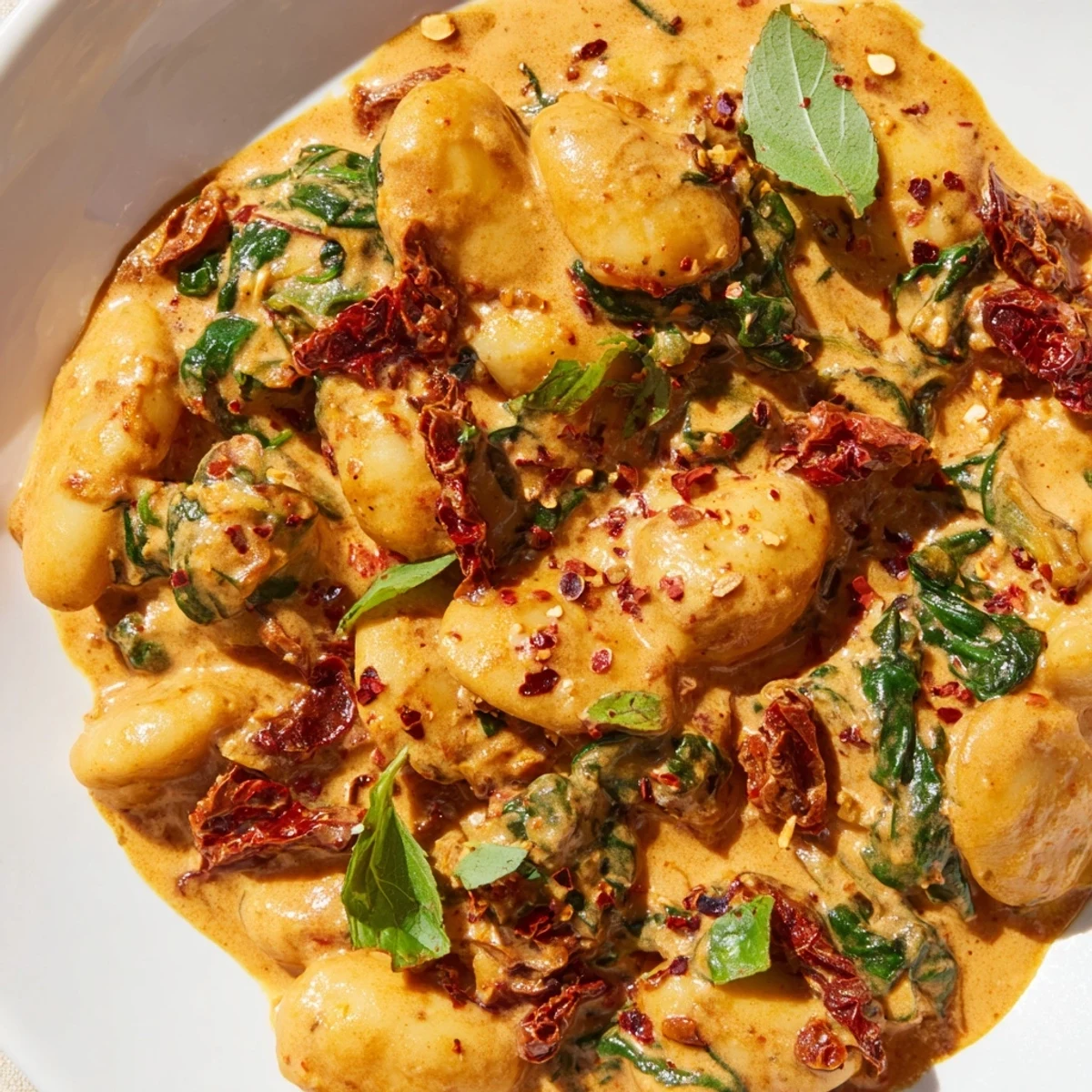 Creamy Greek yogurt marry me butter beans in rich tomato sauce with fresh basil garnish