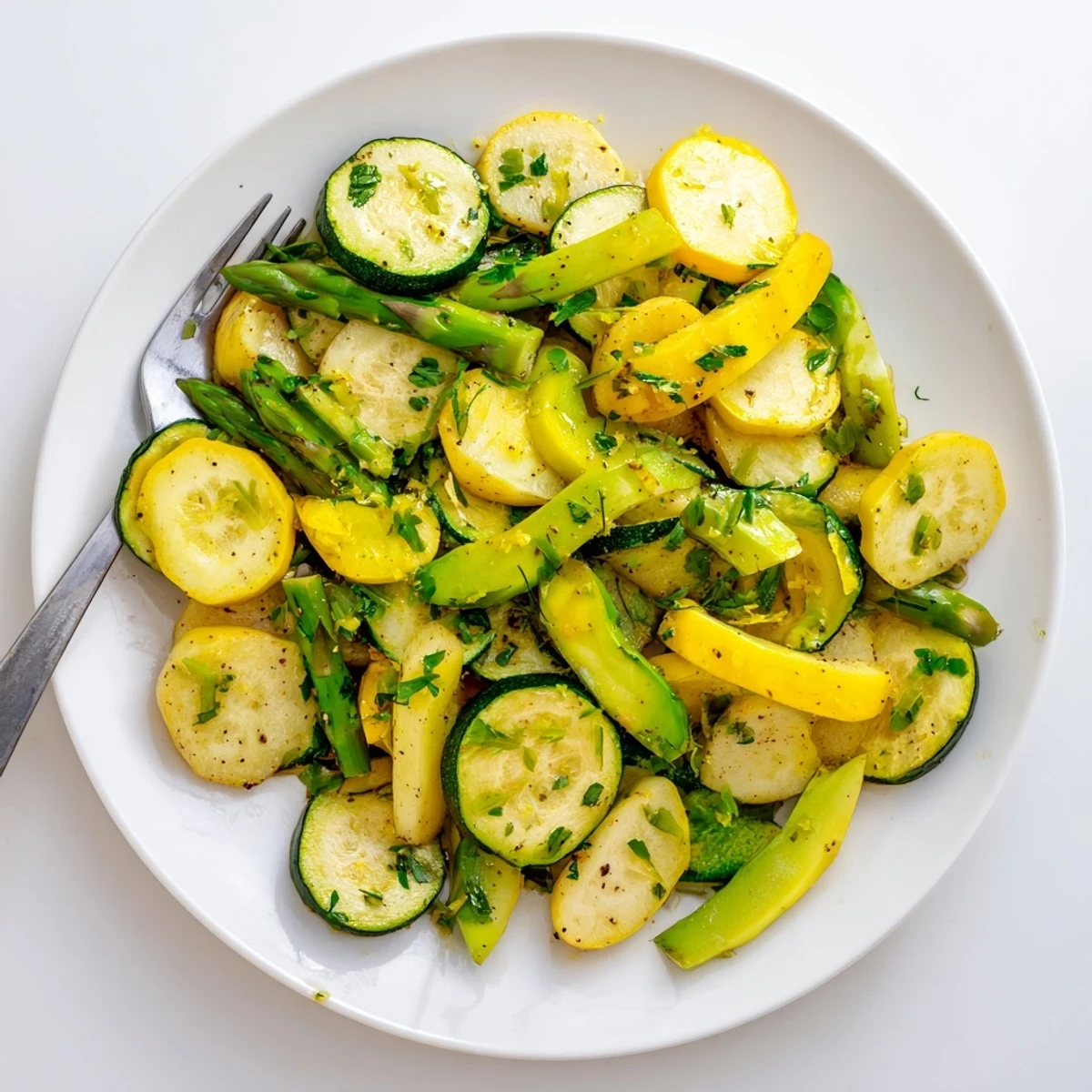 Colorful medley of tender asparagus zucchini and yellow squash seasoned with fresh herbs and lemon