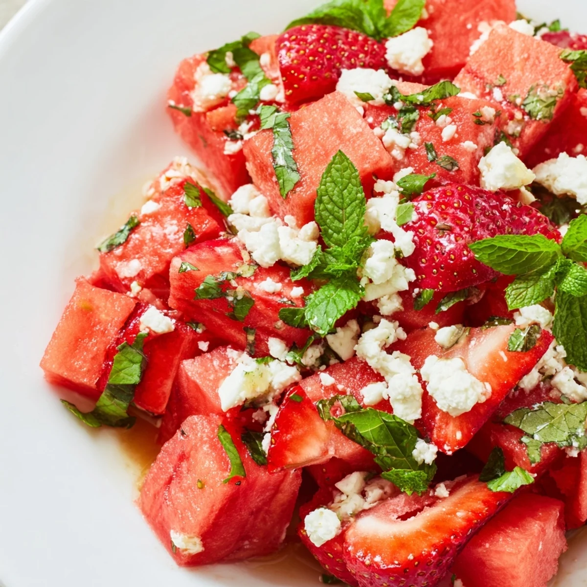 Vibrant summer strawberry watermelon salad bowl with glistening fruit and fresh herbs