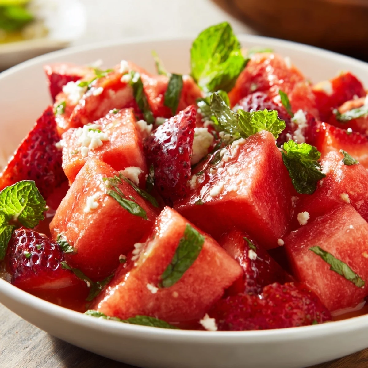 Juicy watermelon and sweet strawberry salad tossed in honey lime dressing, topped with feta