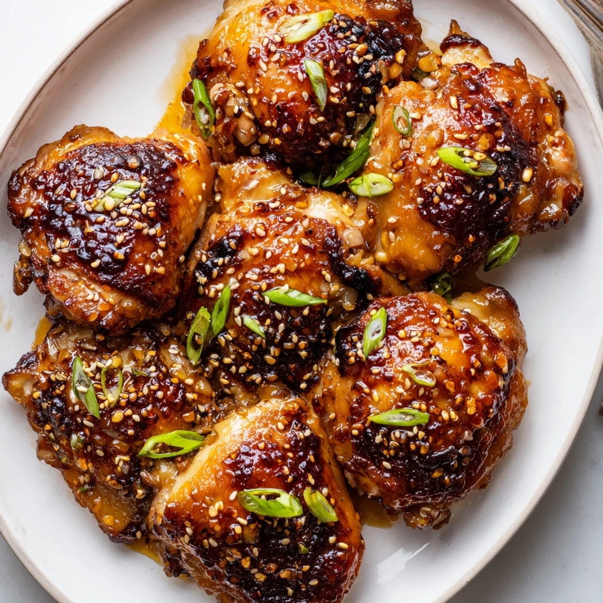 Golden brown garlic miso chicken thighs garnished with sesame seeds and fresh spring onions