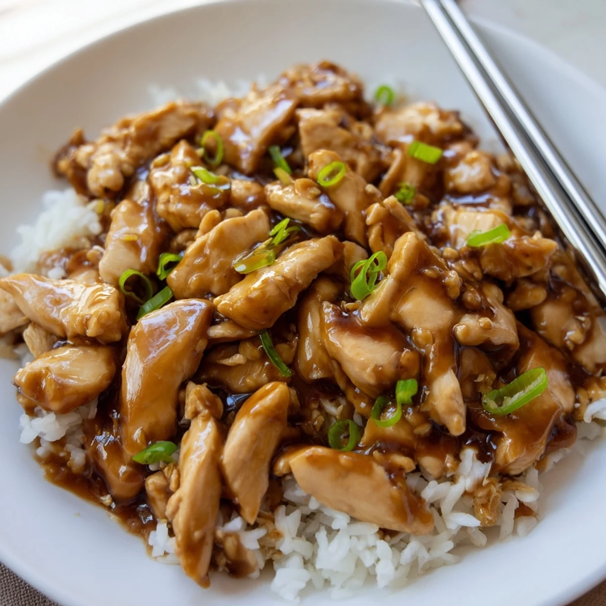 Mongolian chicken stir-fried with fresh scallions and served over fluffy white steamed rice