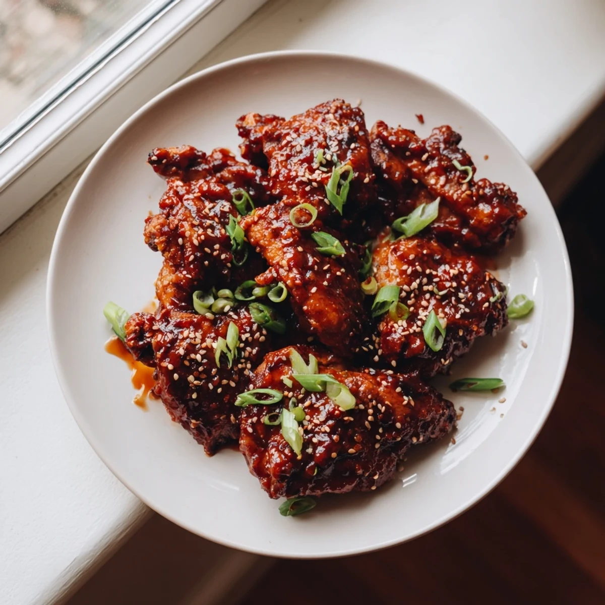 Glossy gochujang chicken pieces glazed in spicy Korean red sauce and topped with sesame seeds and green onions.