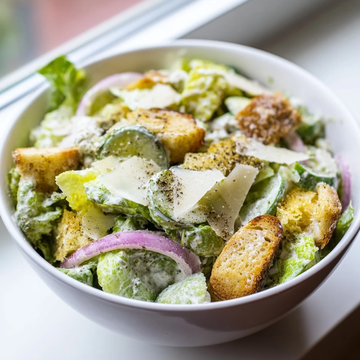 Vibrant bowl of cucumber Caesar salad featuring crunchy croutons, sliced cucumbers, and tangy homemade dressing topped with cheese