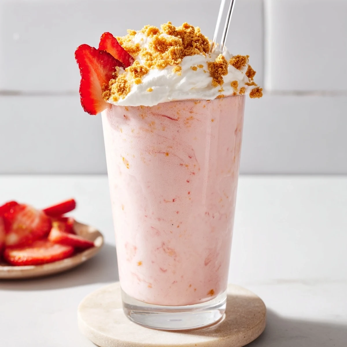 Tall glass of strawberry cheesecake milkshake topped with whipped cream and fresh strawberry slices