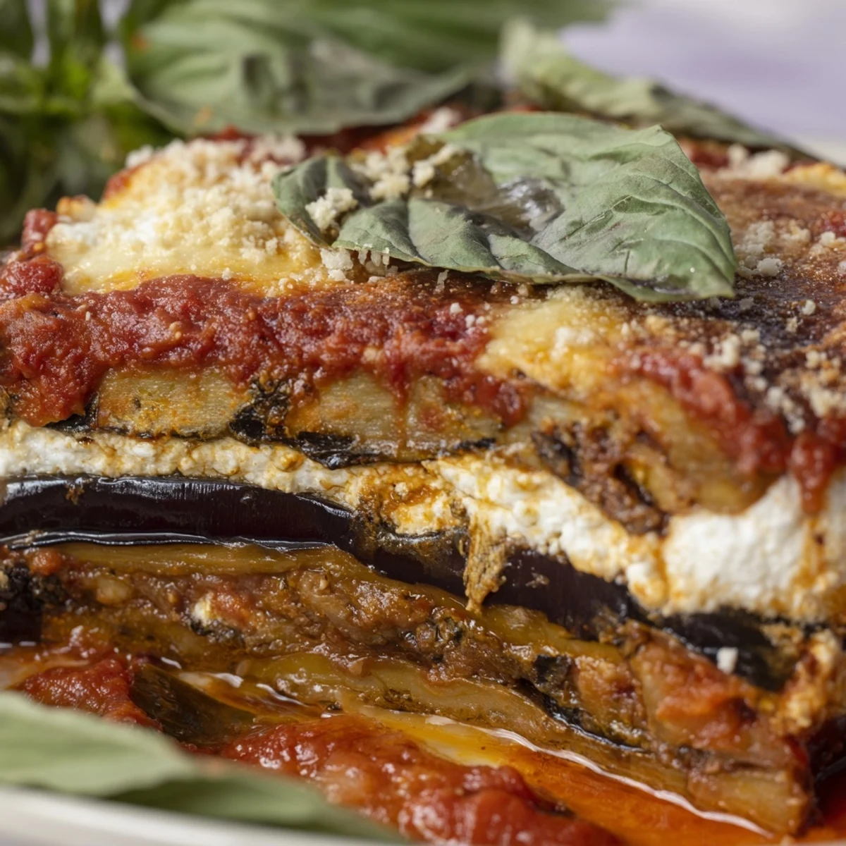 Golden baked Ricotta Eggplant Casserole with bubbling mozzarella and fresh basil garnish on a white ceramic plate