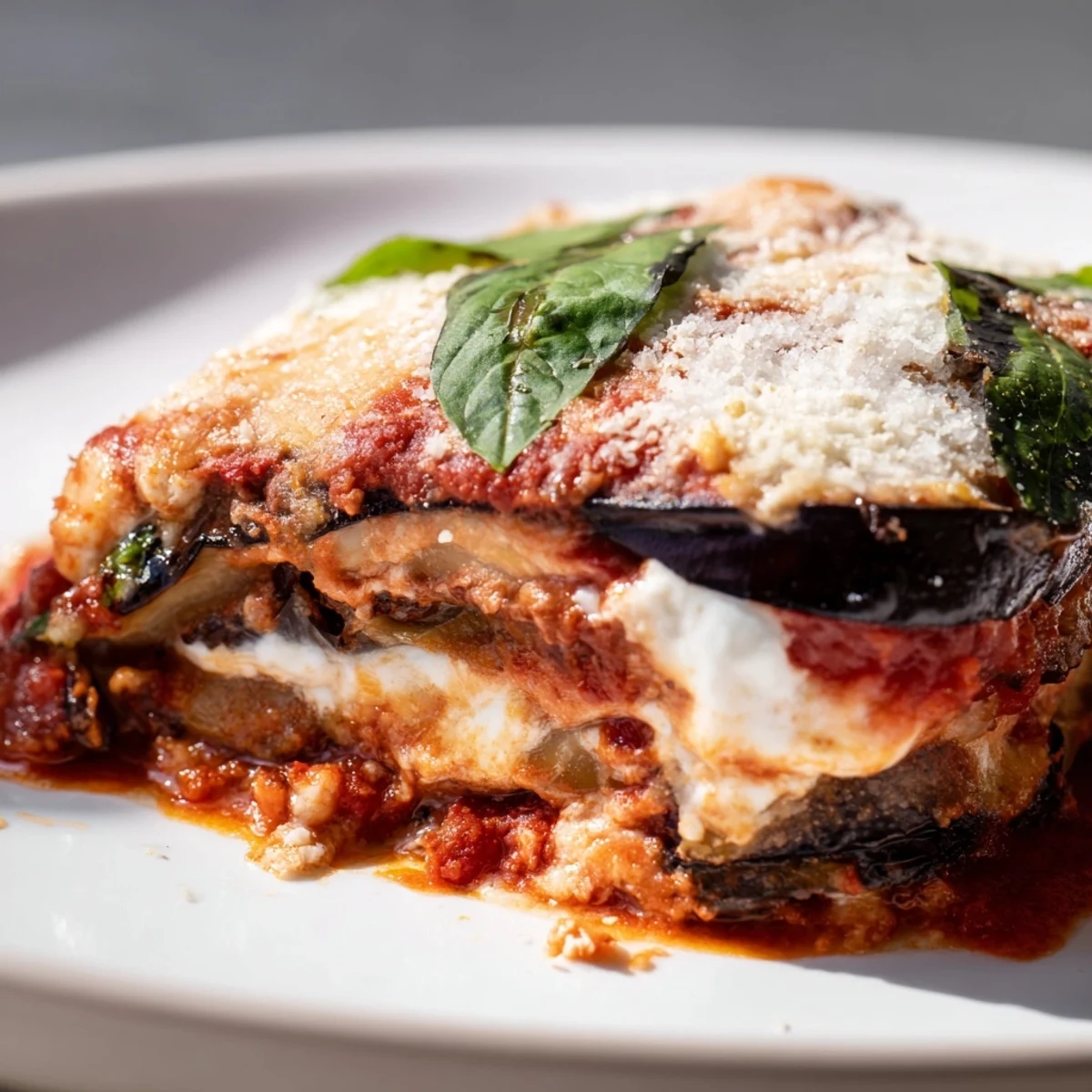 Layered Italian Ricotta Eggplant Casserole featuring roasted eggplant slices and creamy ricotta under melted cheese topping