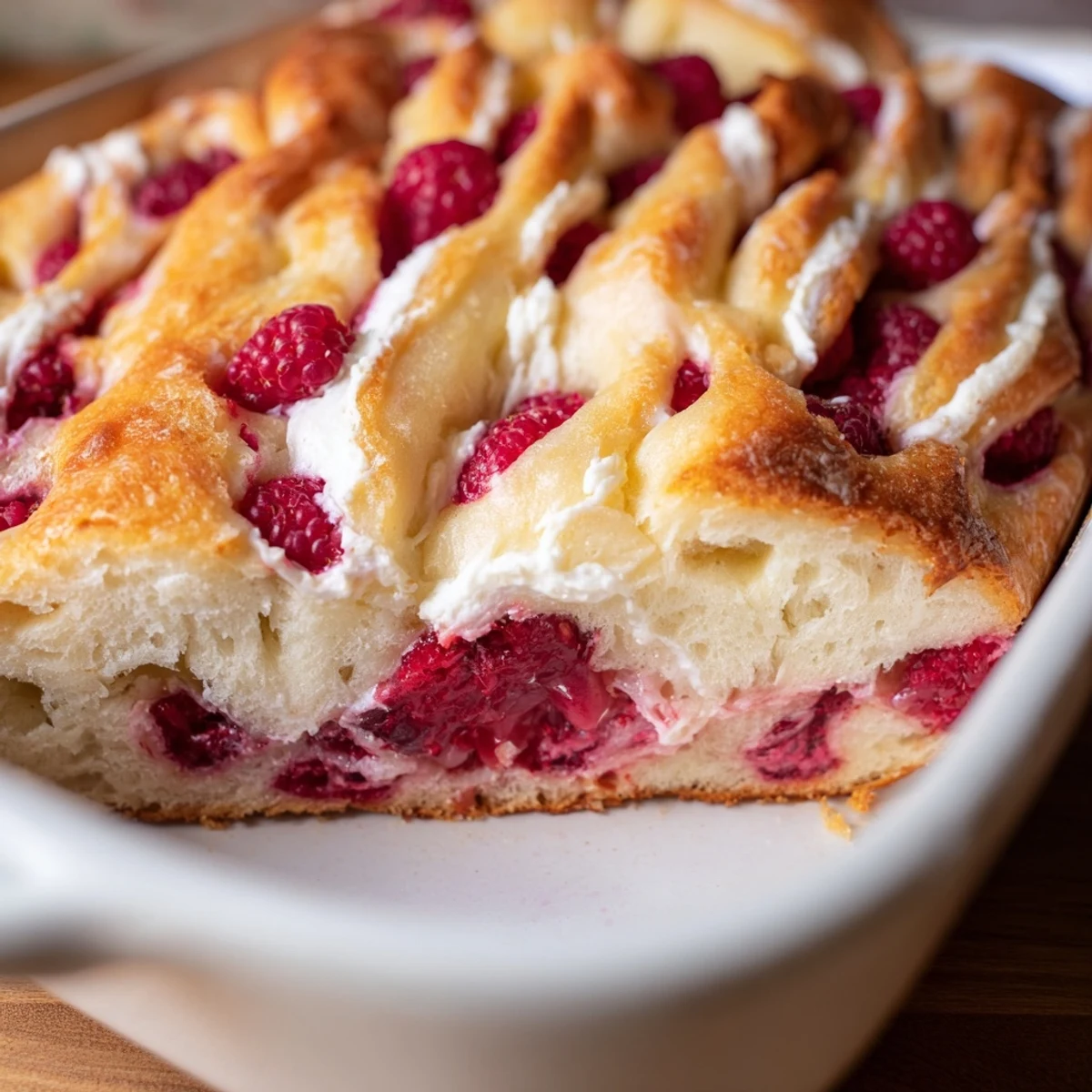 Golden sweet and tangy raspberry cheesecake sourdough focaccia with creamy cheesecake swirls and vibrant raspberries