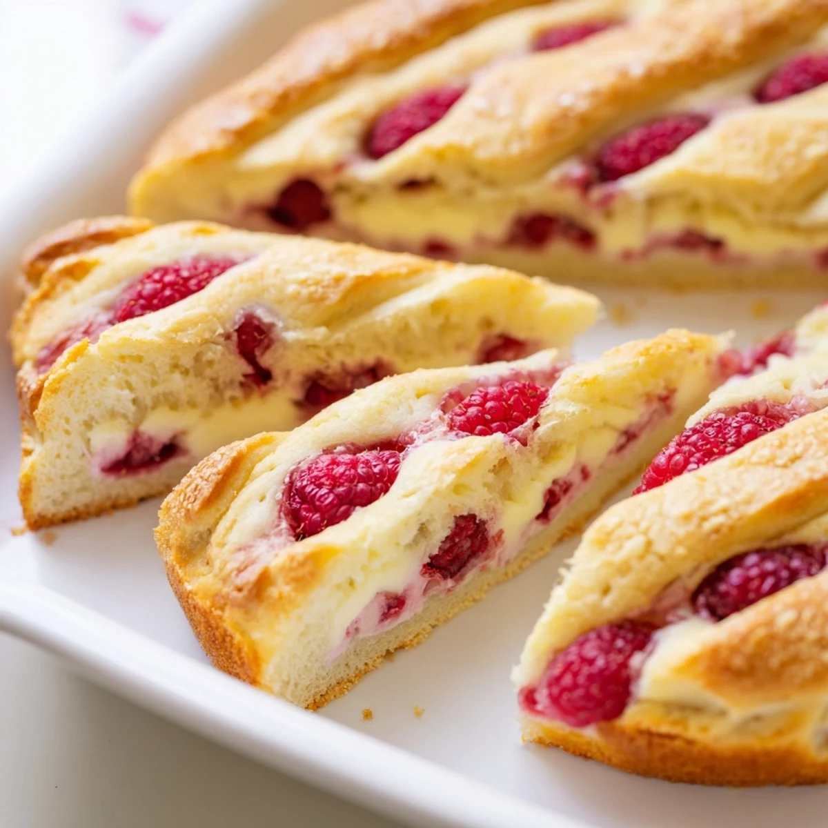 Close up of sweet and tangy raspberry cheesecake sourdough focaccia sliced to reveal fluffy interior and fruity toppings