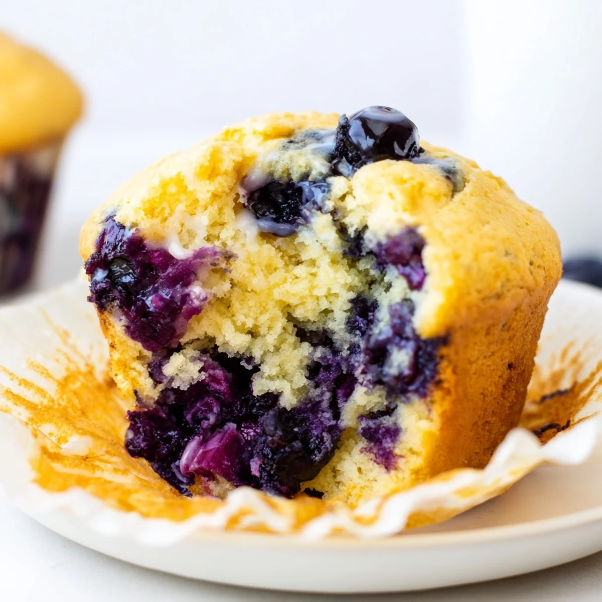 Golden almond flour blueberry muffins with Greek yogurt topped with fresh juicy berries