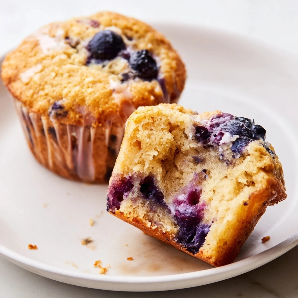 Freshly baked almond flour blueberry muffins with Greek yogurt crumbled to reveal tender interior