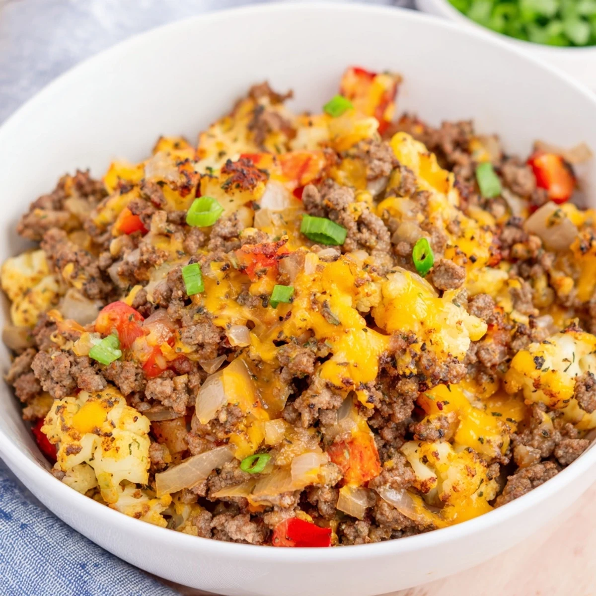 Hearty cauliflower and ground beef hash featuring tender vegetables and crispy beef in a warm skillet