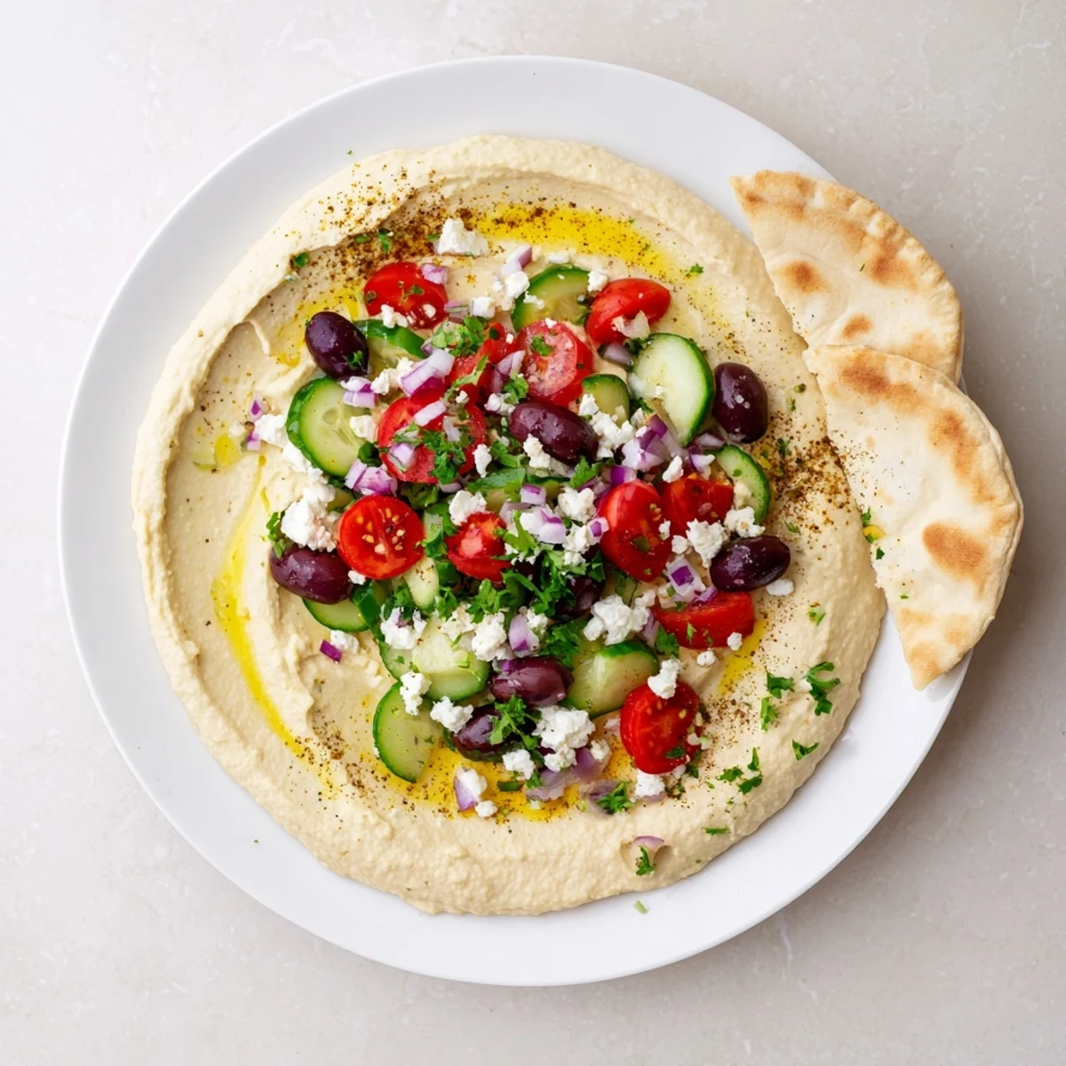 Creamy Greek style loaded hummus topped with fresh vegetables, olives, and crumbled feta cheese