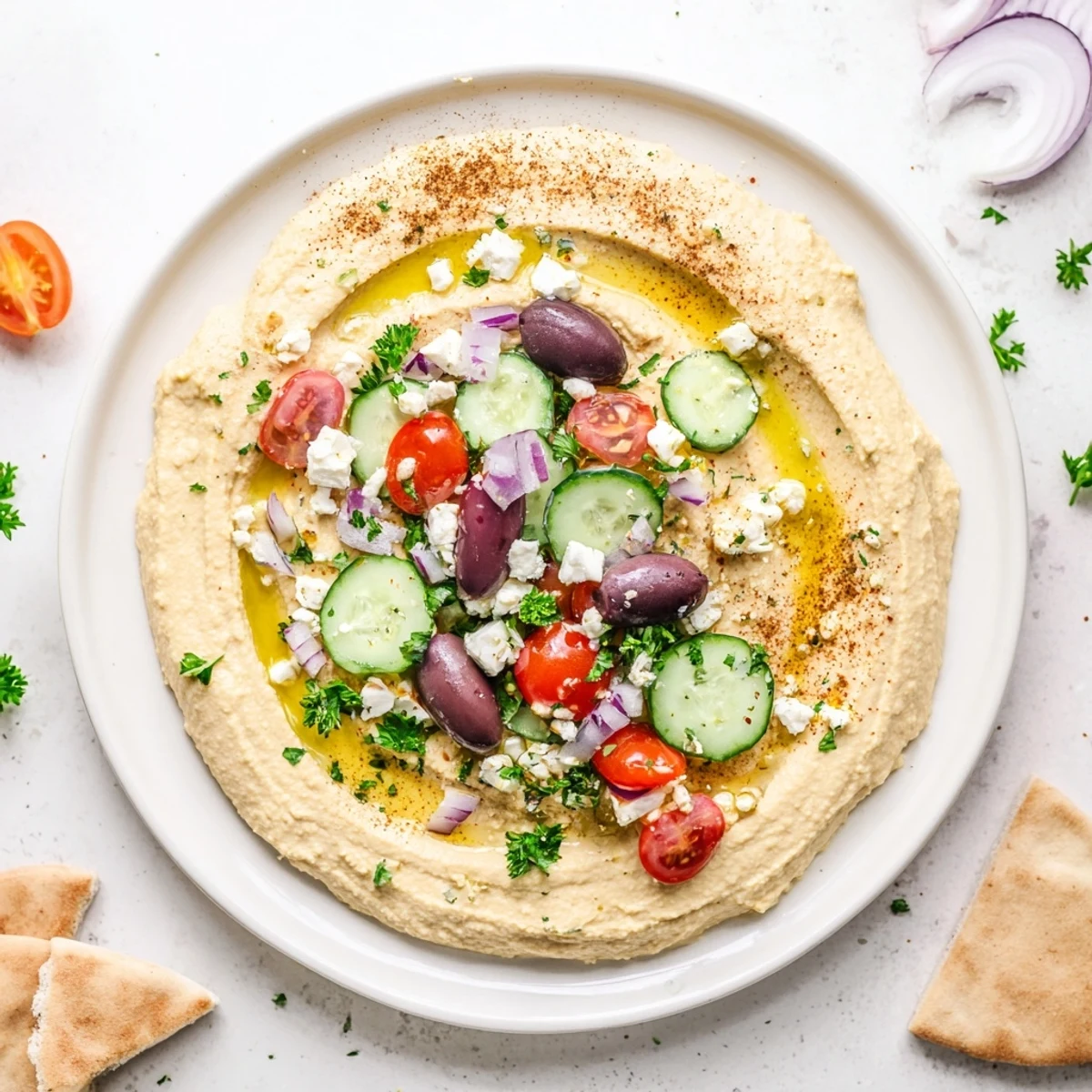 Vibrant Mediterranean Greek style loaded hummus drizzled with olive oil and Kalamata olives