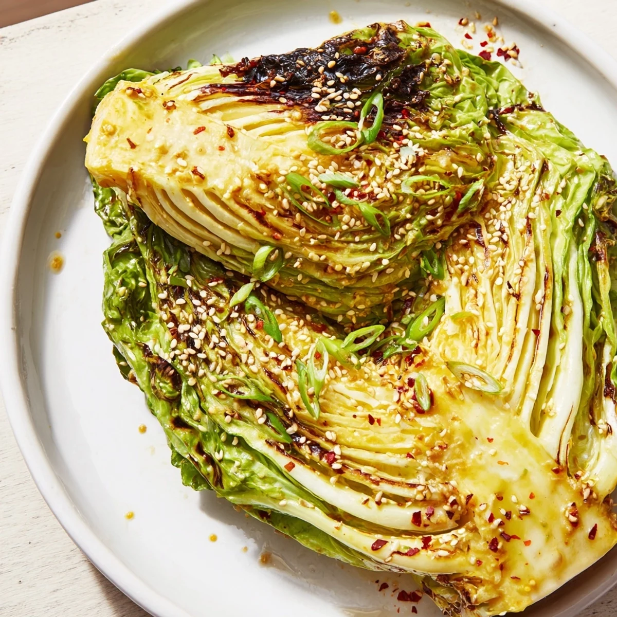 Golden roasted miso butter cabbage wedges drizzled with savory umami glaze on white serving plate