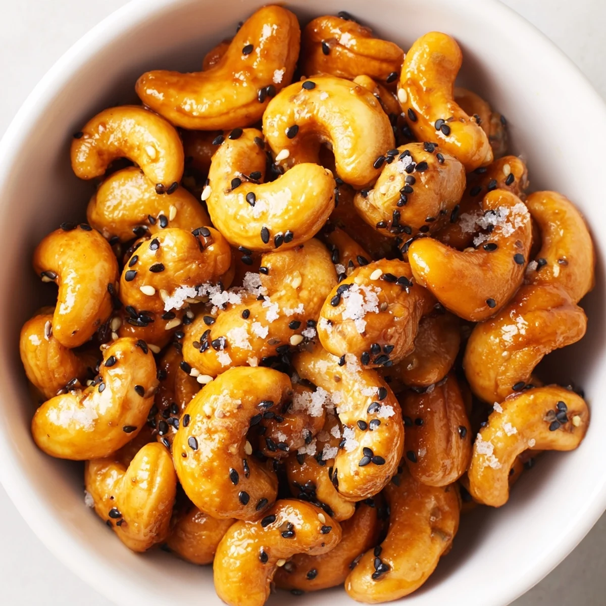 Golden honey sesame cashews arranged on a white serving plate, showcasing their glossy glazed coating