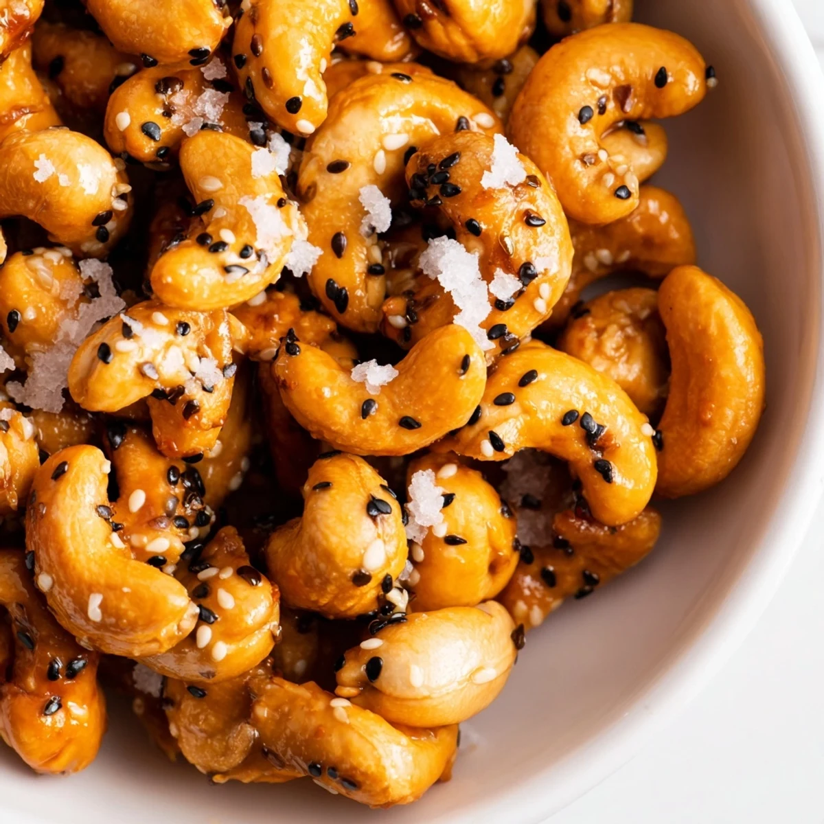 Close-up of crunchy honey sesame cashews sprinkled with toasted seeds and flaky sea salt